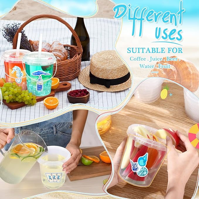 Funnymoom 30 Set Ocean Drink Buckets with Lids and Straws 34oz Large Clear Plastic Disposable Cups Bulk Rum Cocktail Pails with Handles & Stickers for Adult Summer Coastal Beach Pool Party Supplies