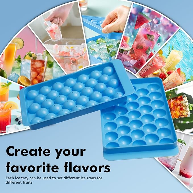 2 Pack Ice Cube Tray with Lid and Bin,Round Ice Cube Trays for Freezer, BPA-Free Circle Mini Ice Maker for Whiskey Cocktail Soda,Home & Bar Use