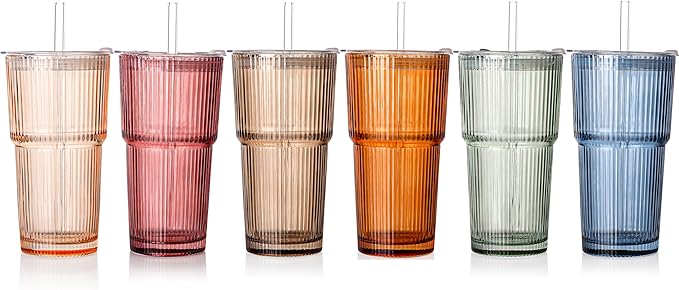 6PCS Ribbed Glass Cups with Lids and Straws, 20oz Vintage Drinking Glasses, Aesthetic Iced Coffee Cups, Glass Tumbler for Boba, Beer, Tea, Cocktails, Ribbed Glassware Set (Colored-6)