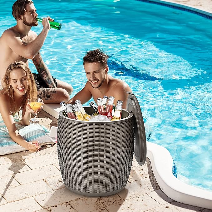 Giantex 9.5 Gallon Ice Cooler, Wicker Round Ice Chest, Outdoor Beer Wine Ice Bucket, Top Lid Side Handles Drainage Plug, Weather-resistant Patio Cool Bar Table for Cocktail Party Poolside Deck