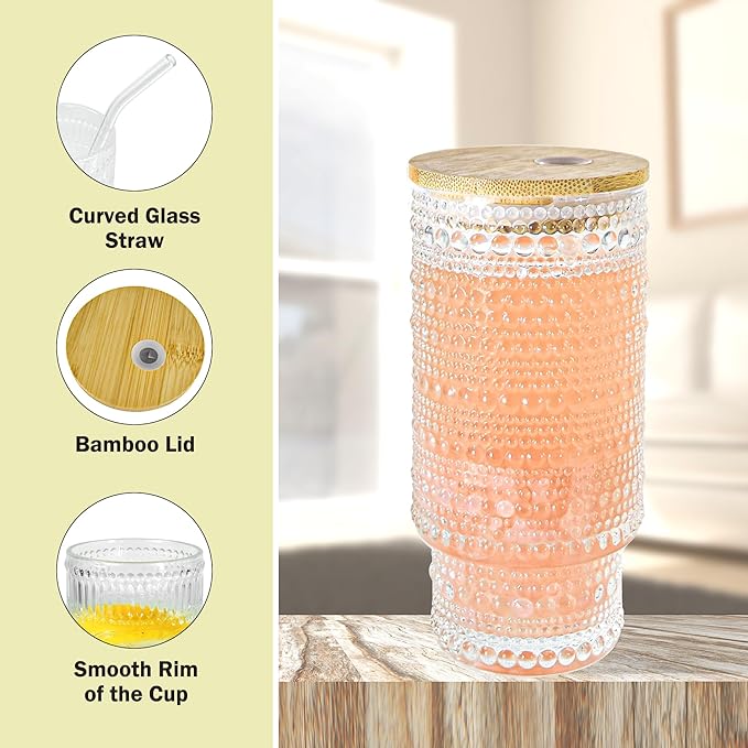2 Pcs 16 oz Glass Cup with Lids and Straws Brush Hobnail Vintage Glasswar for Juice Iced Coffee Soda Cocktail Whiskey(Hobnail*2)