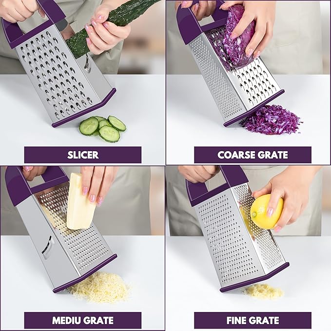 Urbanstrive Cheese Grater With Container, Professional Cheese Grater with Handle, Stainless Steel Graters for Kitchen Handheld, Box Grater with 4 Sides for Vegetables, Ginger, Potatoes (Purple)