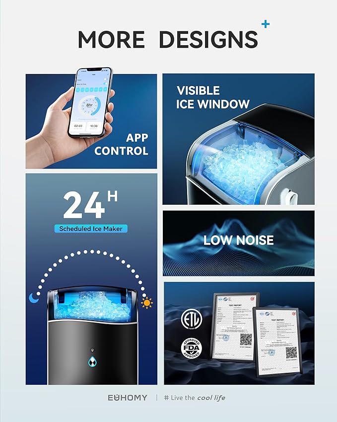 EUHOMY Smart Nugget Ice Maker Countertop, Pebble Ice Maker Machine with APP Control, 40lbs/24H, Ready in 7 Mins, Self-Cleaning, Portable Sonic Ice Makers with Hanging Ice Scoop for Home/Kitchen/Office