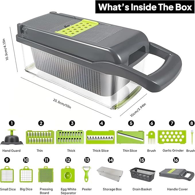 Pro-Series 16-in-1 Vegetable Chopper & Food Chopper with Container - Multi-Blade Cutter, ABS Mandoline Slicer, Fruit Slicer, Onion Chopper, Dicer, Grater, Kitchen Gadgets & Accessories