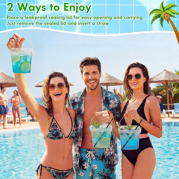 100 Pcs 17 oz Square Clear Drink Buckets with Lids and Straws Reusable Plastic Bucket Cups with Handle for Ice Cream Coffee Cocktail Large Food Safe Party Cup for Pool Beach Bar Birthday