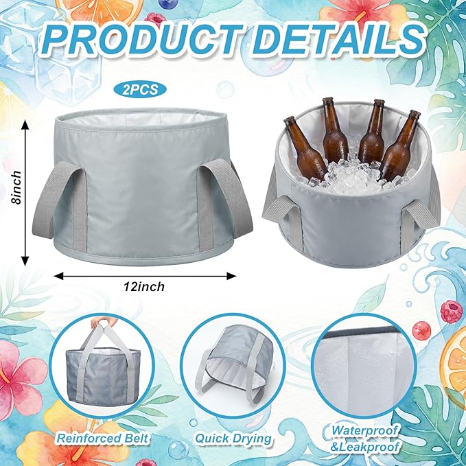 Reallnaive 2 Pcs Cooling Ice Bucket for Parties 15L Large Folding Cooler Capacity Foldable Ice Bucket with Storage Bag for Summer Party Keeping Drinks Tube for Cold or Warm for Camping Beach(Grey)