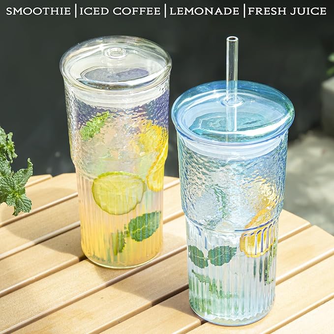 Puraville 2 Pack 20oz Glass Gups with lids and Straws, High borosilicate Reusable Iced Coffee Cup Tumbler, Leak Proof Driking Glass Mug for Water, Juices, Cocktails, Rainbow