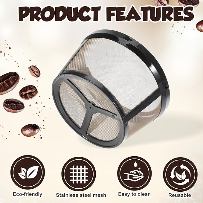 2Pcs Reusable Coffee Filter Basket, Gold Mesh Coffee Filter with Handle for Mr. Coffee, Black+Decker, and Most 4-5 Cup Basket-Style Brewers