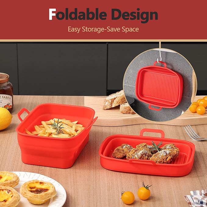 Collapsible 2-Pack Air Fryer Silicone Liners for 8QT & 10QT NINJA Foodi Dual, Reusable Rectangular Silicone Basket Pot for Air Fryer Accessories (Red)
