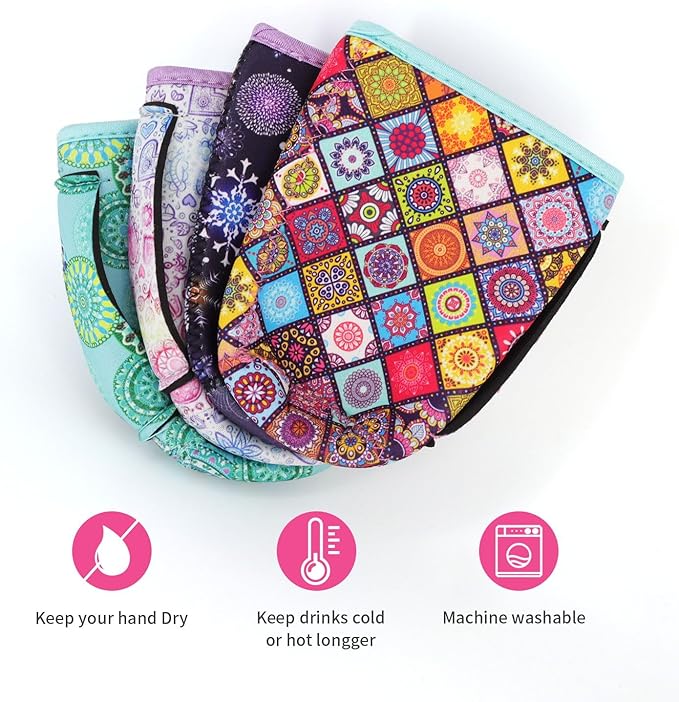4Pack Reusable Iced Coffee Sleeve Insulator Sleeves for Cold Drinks Beverages, Neoprene Cup Holder for Most Coffee, Fits 22-24oz Medium Cups (Mandala with Handle)