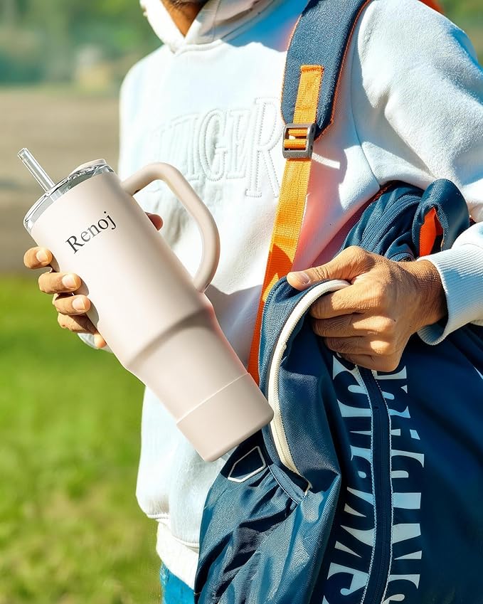 Renoj Insulated Mug 100% Spill Resistant Insulated Water Bottle for Iced Coffee & Hot Drinks - Fits Car Cup Holder, Ideal Gift, 2 Straws & Silicone Boot - FlexSlide White 32 oz