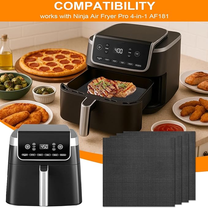4-Pack Fiberglass Liners for Ninja Air Fryer Pro XL 6-in-1 AF181, 8.39"x8.74" Reusable and Versatile Replacement for Ninja Air Fryer Parchment Paper Heat-Resistant Non-Disposable