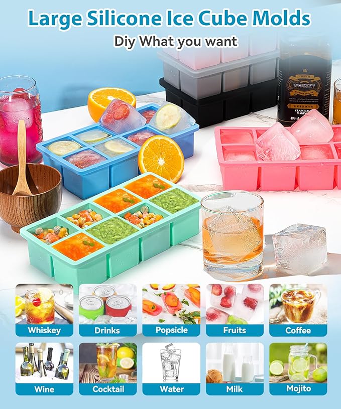 2-Pack Large Ice Cube Trays, Lxndaser 2 Inch Silicone Ice Cube Molds With Lid For Whisky, Leakproof Stackable Design Big Square Silicone Ice molds for Iced Coffee, Bourbon, Scotch,soup