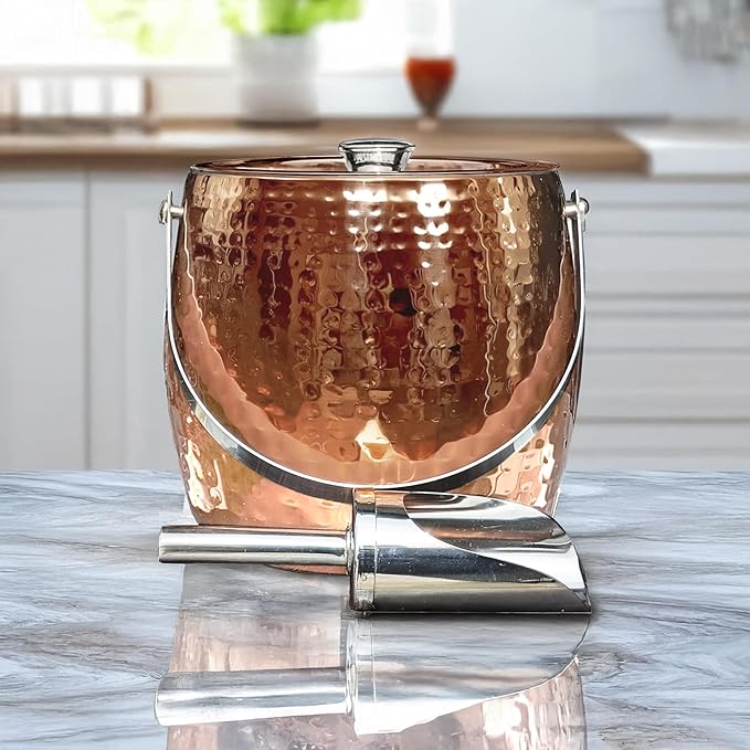 BREKX 3QT Insulated Ice Bucket for Parties with Lid and Scoop- Sweat-Free One Bottle Wine Chiller/Champagne Bucket or Ice Bucket for Cocktail Bar, Leak Proof & Easy to Clean, Rose Gold