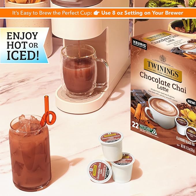 NEW Twinings Chocolate Chai Latte Tea K-Cup Pods for Keurig, 22 Count (Pack of 1), Velvety Smooth Cocoa with Real Spiced Tea, Caffeinated, Enjoy Hot or Iced