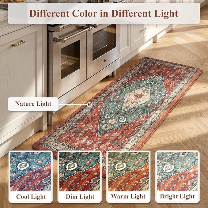 Collive Boho Kitchen Mats for Floor, Kitchen Mats Cushioned Anti Fatigue Waterproof Kitchen Rugs Sets of 2 Non-Skid Comfort Standing Mat for Kitchen, Office, Sink, Laundry, 20"x32"+20"x48"(Red)