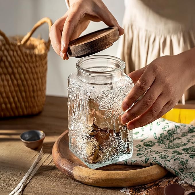 Custde Glass Storage Jars With Airtight Lid, 35oz Container For Kitchen Counter with Wood Lid, brown sugar, candy, coffee, cookie, salt, tea, cute Jar (Large Square Sunflower)