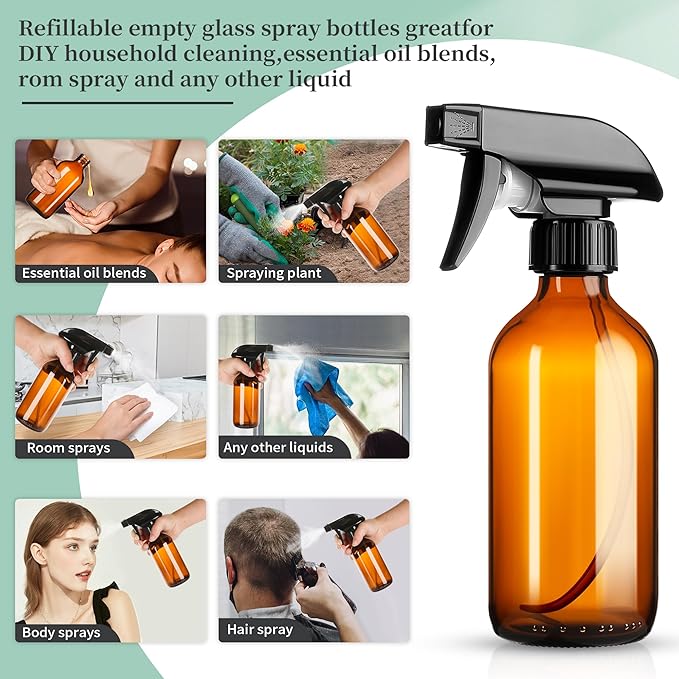 GIVAMEIHF 8oz Amber Glass Spray Bottles,6 Pack Glass Spray Bottles Refillable Empty Bottle with Adjustable Nozzle,Spray Bottle for Essential Oils,Cleaning Solutions,Pets,Hair Mister,Gardening