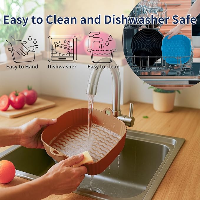 Boribim 9 Inch Large Air Fryer Silicone Liners - 2 PCS Square Reusable AirFryer Basket Liners for 5-8QT Air fryer, Air fryer Accessories for Baking Roasting Microwave (Black + Brown)