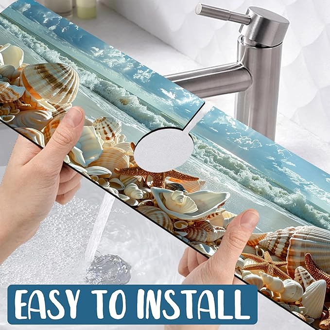 Beach Sink Splash Guard Shells Starfish Waves Faucet Absorbing Mat Fast Drying Mat Sink Gadgets Splash Guard Behind Faucet Drip Catcher for Kitchen Bathroom, 23.5"x5.5"