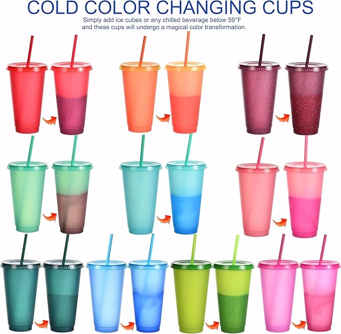 Color Changing Cups, 24 Pack 24oz Plastic Tumblers, Reusable Iced Coffee & Smoothie Cups with Lids and Straws for Parties and Travel (Glitter Powder,24)