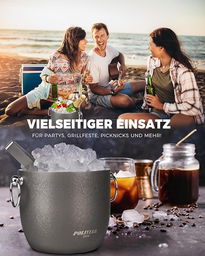 POLIVIAR Ice Bucket, 2.5L Double Wall Ice Bucket with Lid, Stainless Steel Ice Bucket with Tong & Strainer, Ice Bucket for Cocktail Bar, Home & Parties, JX2023-IBLY