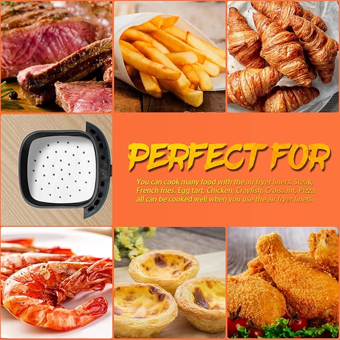 Numola 100 Pcs Air Fryer Liners Disposable Parchment Paper, 9 Inch Perforated Airfryer Sheets for Baking, Square Non-Stick Steamer Liner for Oven, Microwave, Steaming Basket