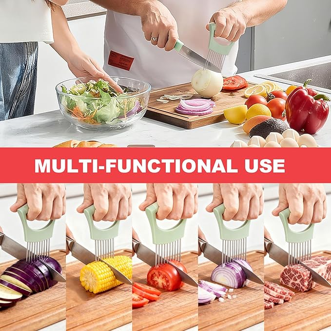 uxcell 2 Pcs Onion Slicer Holder, 4.3 x 3.1 Inch Stainless Steel Vegetable Cutting Holder Food Cutter Tool for Slicing Storing Onions Tomatoes Potatoes Avocados Apples, White