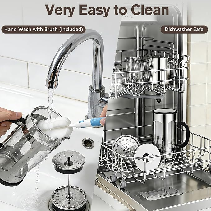 French Press Coffee Maker 34oz, Heat Resistant Thickened Glass Stainless Steel Brewer, No Plastic Touching Cafe, 4-Level Filtration, Cold Brew Cafe/Tea Pot for Kitchen Camping Travel, Gifts, Bar