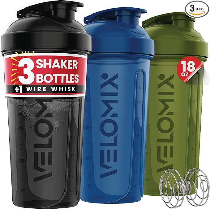 VELOMIX -3 PACK- 18 oz Protein Shaker Bottle for Protein Mixes - 1x Wire Whisk | Leak Proof Shaker Cups for Protein Shakes | Stackable Protein Shaker Bottle Pack | Dishwasher Safe