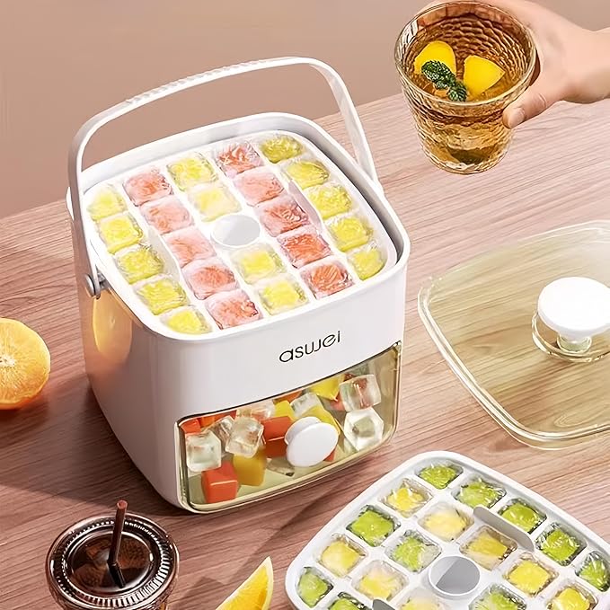 Plastic Ice Cube Trays with Bin and Scoop for Freezer, 2 Pack Easy-Release Sturdy Ice Tray with Lid, Stackable Ice Maker Set for Whiskey, Cocktails, Iced Coffee, BPA Free, White