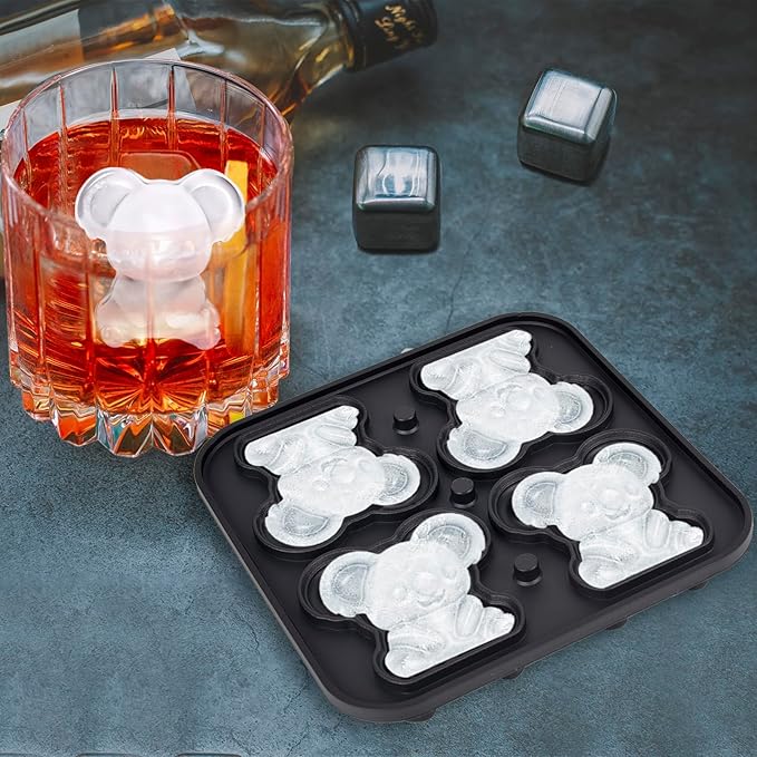 Koala Ice Cube Tray Mold - 3D Koala Shape Ice Cube Trays, Cute Ice Cube Molds for Whiskey Bourbon, 4-Hole Large Fun Shapes Ice Cube Trays, Funny Koala Gifts for Koala Animal Lovers Women Men