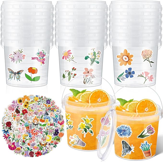 PerKoop 20 Pcs 32 oz Ice Cream Buckets with Lids and Handles Clear Cocktail Rum Buckets with Stickers Plastic Transparent Tub Reusable Food Storage Containers for Parties(Floral Leaf)
