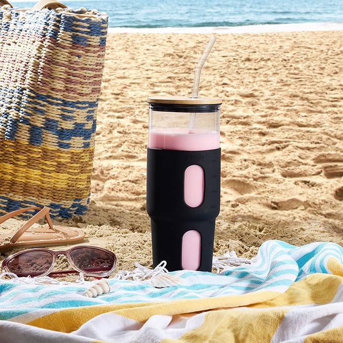 32oz Black Glass Tumbler with Straw & Bamboo Lid, Silicone Sleeve, Reusable Boba Smoothie Cup, Iced Coffee Tumbler, Fits Cup Holder, BPA Free, Le'raze