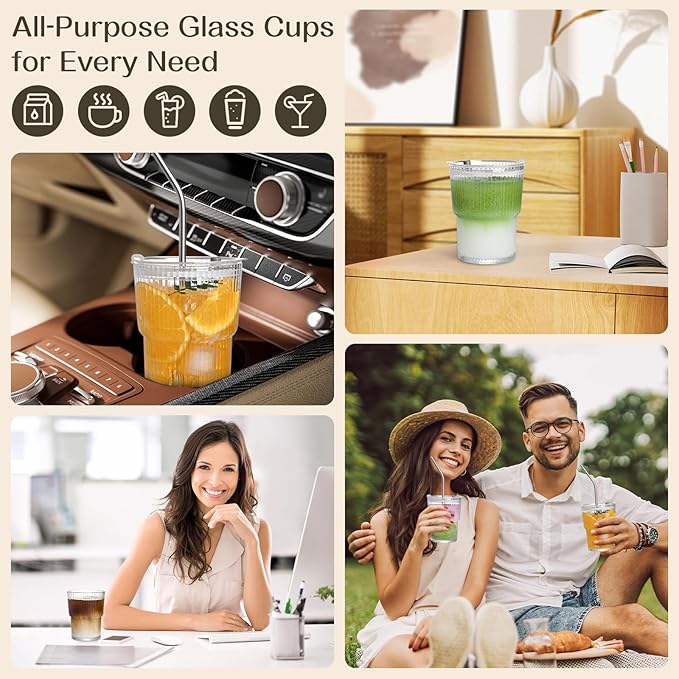 13oz Iced Coffee Cups,2Pcs Glass Cups with Lids and Straws Drinking Glasses,Clear Ribbed Glassware,Reusable Tumbler Glass to Go Cup for Matcha, Iced Tea,Juice