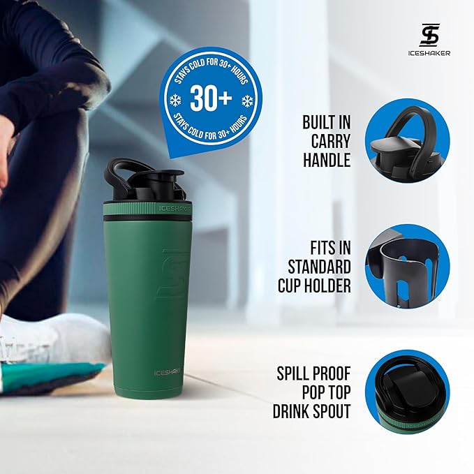 Ice Shaker Insulated Stainless Steel Shaker Bottle | 26oz, Aura | Cold for 30+ Hours | Insulated Cup with Twist-on Agitator | Odor-Free Bottle for Protein Shakes, Water, Smoothies, Cocktails