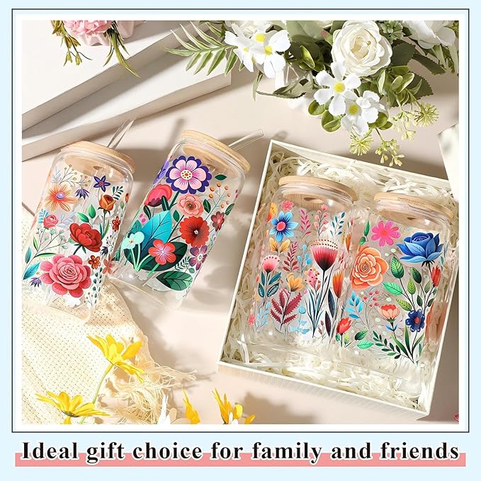 Mumufy 4 Pack Gift for Women Cute Glass Cup Tumbler Flower Iced Coffee Mugs 16 oz Glass with Bamboo Lid & Straw, Mothers Day Birthday Gift for Mom Sister Bridesmaid Baby Shower(Abstract Flower)