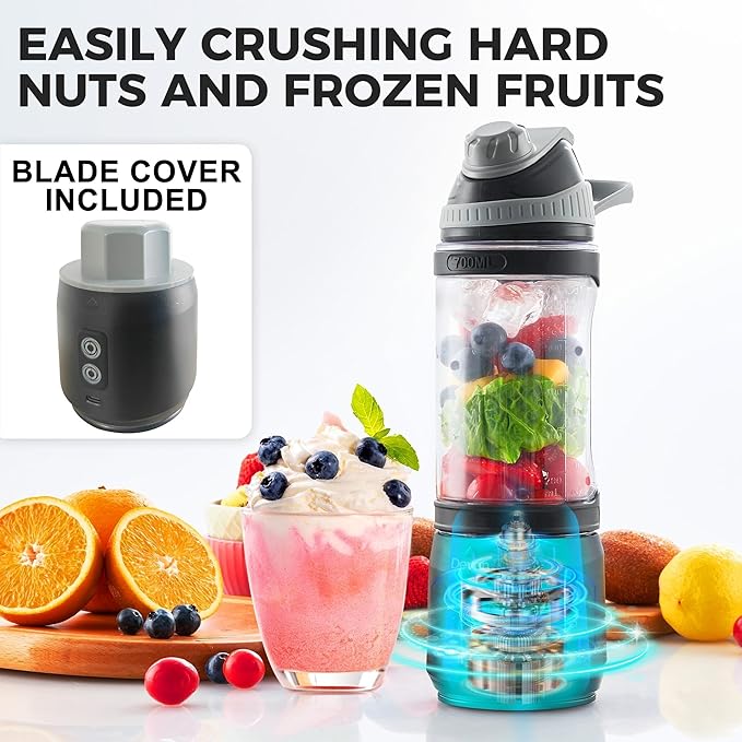 Portable Blender, Anti-Jamming 300 Watt for Shakes and Smoothies, 24oz Travel Blender USB Rechargeable, BPA Free Sporty bottle with a Travel Lid. (Black with Insulated Sleeve)