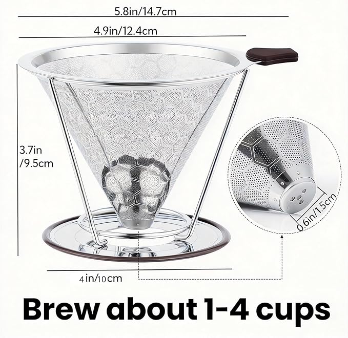 Vikuces®800 Mesh Reusable Pour Over Coffee Dripper, Metal Stainless Steel Honeycomb Filter, Paperless Cone Filter for Hario V60, Chemex and Mugs with Separate Stand, Single Cup Coffee Maker, 1-4 Cup