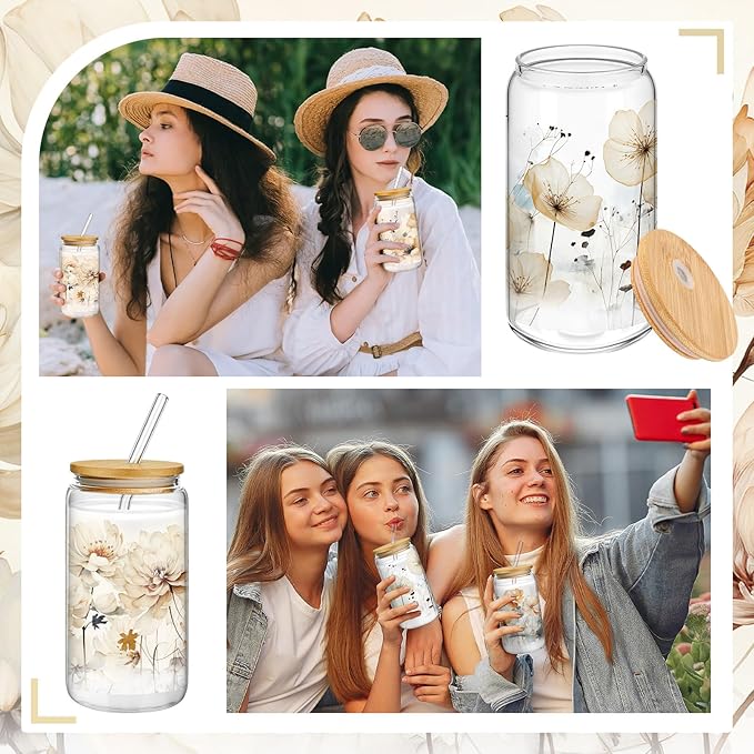 Mumufy 4 Pack Gift for Women Chinoiserie Flower Glass Cup Tumbler Flower Iced Coffee Mugs 16 oz Glass with Bamboo Lid & Straw, Mothers Day Birthday Gift for Mom Sister Bridesmaid Baby Shower