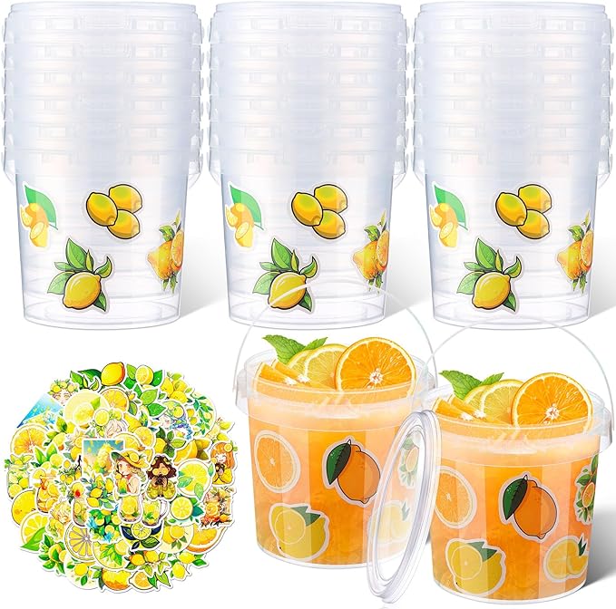 PerKoop 20 Pcs 32 oz Ice Cream Buckets with Lids and Handles Clear Cocktail Rum Buckets with Stickers Plastic Transparent Tub Reusable Food Storage Containers for Parties(Lemon)