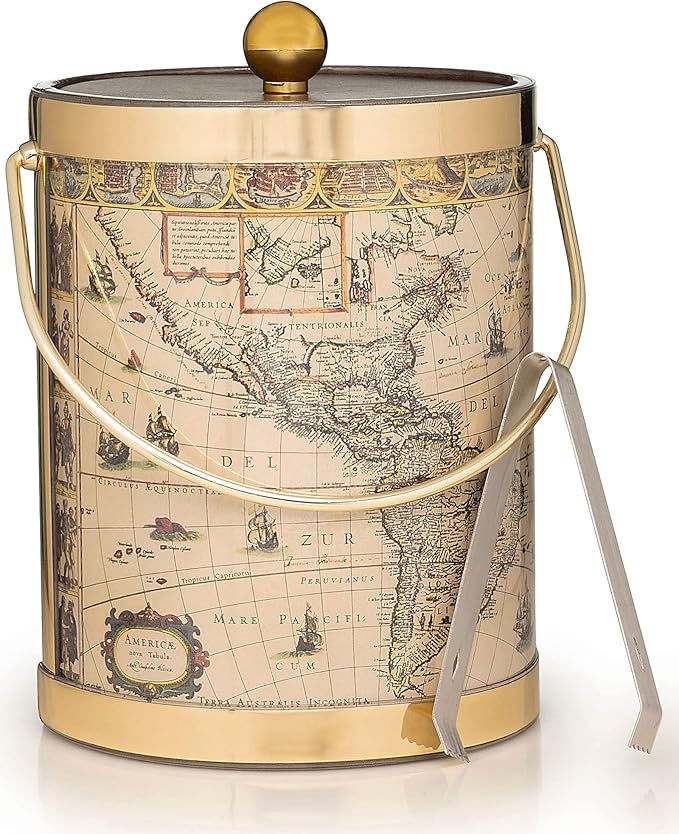 Made In USA Metallic Deco Collection Double Walled Insulated Ice Bucket With Ice Tongs (5-Quart, Vintage Americas Map)