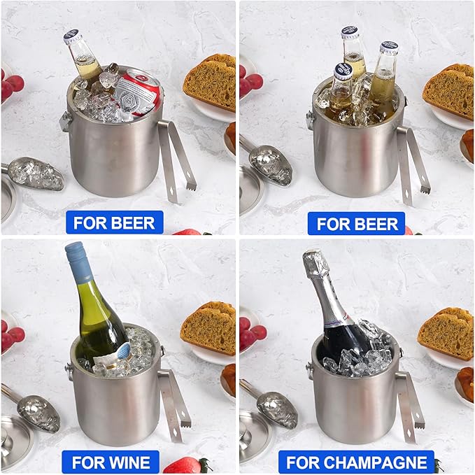 Ice Bucket with Lid & Tong- Well Made Insulated Stainless Steel Keep Ice Frozen Longer - Ideal for Cocktail Bar, Parties, Chilling Wine, Champagne - 2 Liter (Stainless Steel)
