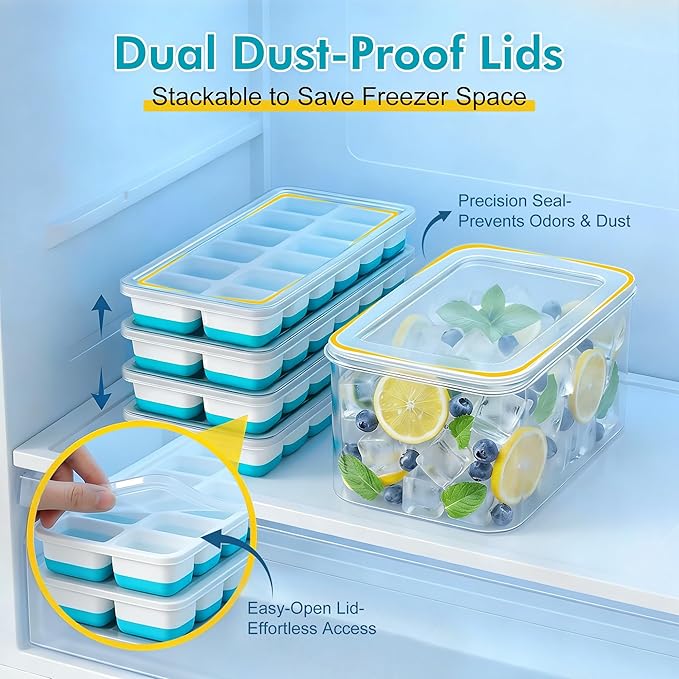 NFK Ice Cube Tray with Lid & Bin - 4 Pack 48 Cubes Stackable Silicone Trays for Freezer with Storage Container, Leak-Proof Lids, BPA-Free, Easy Release for Kitchen, RV, Party, Cocktail & Coffee
