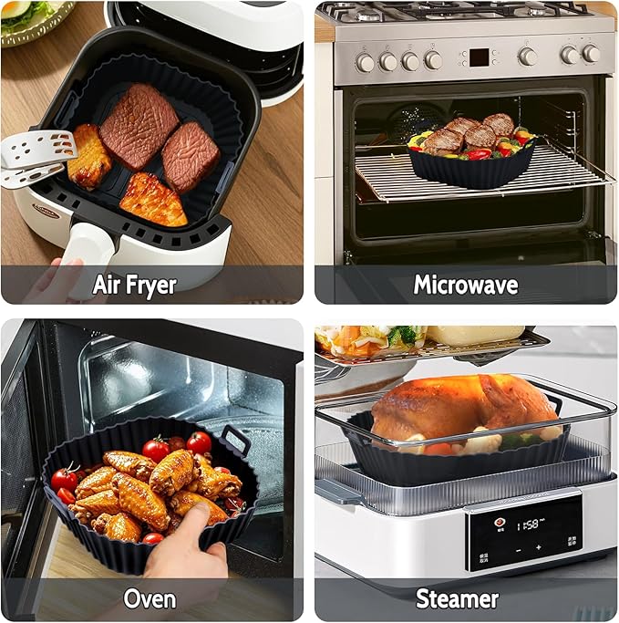 Komzon Silicone Air Fryer Liners Reusable 3 PCS, Airfryer Liners, Silicone Air Fryer Basket Liners Square, Food Grade AirFryer Accessories 4-7 QT, Ktchen Gadgets for Pot Oven Liner Baking Tray Pan