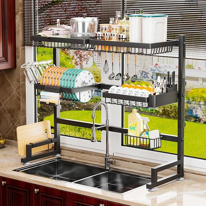ilvvan Over The Sink Dish Drying Rack 27-40L x 12W x 32.5-37H (inches) (Expandable Height and Length) Snap-On Design 2 Tier Large Dish Rack