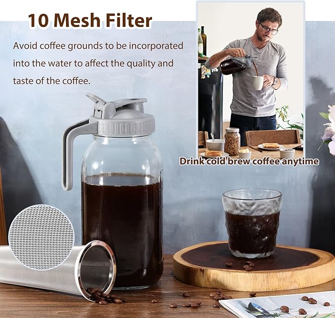 Glyntrof Cold Brew Coffee Maker Glass Pitcher, 32 oz Mason Jar with Pour Spout Handle Lid with Stainless Steel Filter for Iced Coffee, Lemonade, Ice Tea, Fruit Drinks