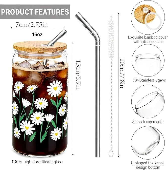 JOYMIA Glass Cups with Lids and Straws — 2026 Update Daisy 16oz Cute Glass Cups Daisy Flower Design Tumbler for Iced Coffee, Smoothies & Juice, Leakproof & BPA-Free, Gift for Women,Mother