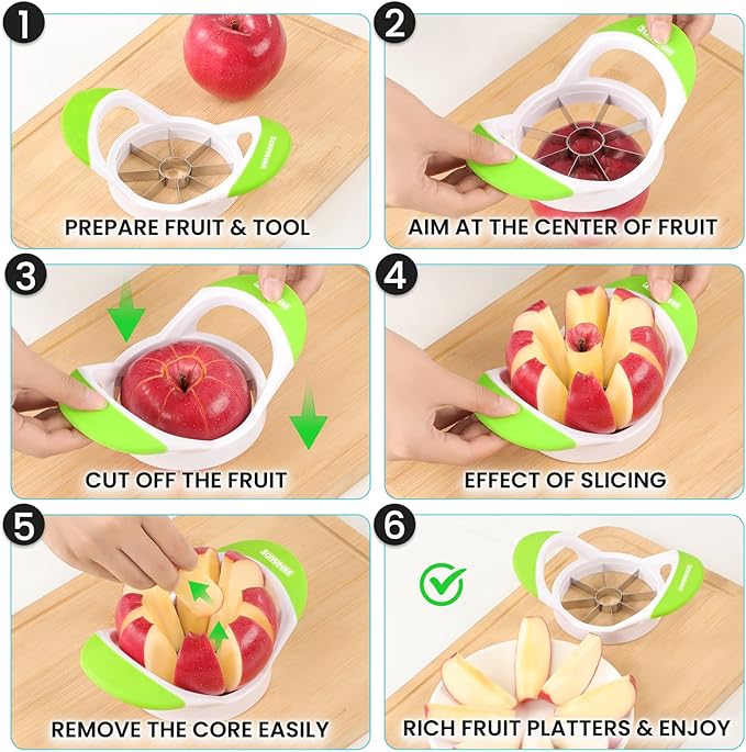 SCHVUBENR 3.5 Inch Apple Slicer with 8 Sharp Blades - Professional Apple Cutter - Stainless Steel Apple Corer - Super Sharp Apple Slicer and Corer - Slice Apple with Ease(Green)