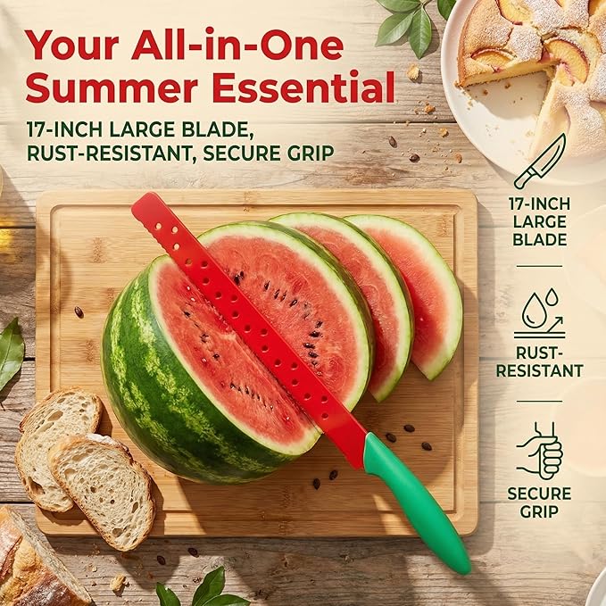 TOYANDONA 17 Inch Watermelon Cutter Serrated Fruit Knife with Protective Sleeve Large Stainless Steel Melon Knife for Watermelon Slicing and Summer Bbq Kitchen Tool